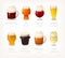 Collection of beer glasses with names. Variety of alcohol drinks beer stout and pilsner. Isolated vector images of classic pub