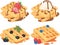 Collection of Belgian waffles with fruit fillings. A set of sweet pastries with cream and fruits. Menu of sweets for