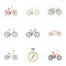 Collection of bikes with different wheels and frames. Different bikes for sport and walks.Different bicycle icon in set