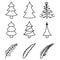 Collection of black contour isolated several types of Christmas trees and branches on a white background