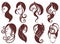 Collection of black silhouettes of hairstyles for girls. Vector illustration