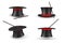 Collection black traditional magician hat with magic wand vector realistic headdress for surprising