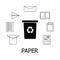 Collection of black and white icons of paper waste. Cardboard garbage and bin with recycling marc. Vector concept