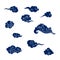 Collection of blue asian clouds. Set of paper cut cartoon clouds in traditional chinese style. Vector illustration for