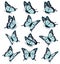 Collection of blue butterflies, flying in different directions