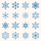 Collection of blue snowflakes. Sixteen snowflakes of different shapes. Winter set illustration