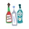 Collection of bottles of strong alcohol. Vodka, red wine and martini. Party drinks concept. Hand draw cartoon isolated