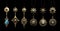Collection of brass magic amulet adorned with enchanted stones, isolated on black background. Generative AI illustrations
