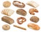 Collection of bread breads bagel roll toast baguette pretzel iso