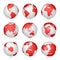 Collection of bright red-white globes icons. Set maps of the world. Planet with continents