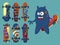 Collection of bright skateboard on a light background with a merry navy blue monster. Vector