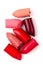 Collection of broken lipstick make up on white background. Make up artist, beauty salon, beauty blog concept