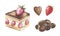 Collection of cakes, berries, chocolate hand-drawn in watercolor and isolated on a white background.