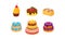 Collection of cakes set, confection desserts, piece of various delicious cakes vector Illustration