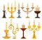 Collection of candles in candlesticks, vintage candle holders and candelabrums vector Illustration on a white background