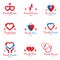 Collection of cardiology medical care vector can be used in pharmaceutical business, red heart shapes isolated