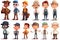 A collection of cartoon characters of different ages, professions and ethnicities, such as a cowboy, a construction worker, a
