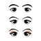 Collection of cartoon eyes with eye liner and nude color eye shadow.