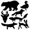 Collection of cartoon forest vector animals black and white silhouettes - Bear, Deer, Fox, Wolf, Hare, Mink and Duck