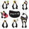 Collection of cartoon penguins with guitar, ice cream, whale, ice cream, fish, crown, illustration for print, postcards, notepads