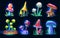 Collection of cartoon style magic fantasy mushrooms glowing in the dark, isolated on white background. For web, video games, user