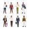 Collection of caucasian bearded men dressed in casual and formal clothes and standing in various poses. Male cartoon