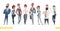 Collection of charming young entrepreneurs or businessmen and managers. Business people standing togever. Modern cartoon style