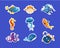 Collection of Childish Stickers with Cute Sea Creatures, Colorful Adorable Marine Animals Vector Illustration