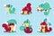 Collection of children\\\'s stickers with cute lizards in different poses with greens and fruits, butterflies around. Brightly