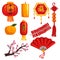 Collection of Chinese New Year decoration elements, lantern, coins, candle, firecrackers, fan, blooming sakura branch