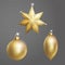 Collection of Christmas ball tree decoration gold round star and oval shape. 3d realistic on transparent