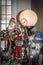 Collection of Christmas characters including Asian santa and fishing owl and wizard and nutcrackers on entrance table with view of