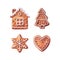 Collection of Christmas gingerbreads, house, chrismas tree, snowflake and heart.