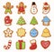 Collection Christmas oatmeal cookie food vector flat illustration. Set of festive biscuit cake