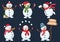 Collection of Christmas snowmen. Cute cartoon characters juggling snowballs, blowing a pipe, giving gifts, congratulating Merry