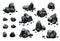 Collection of coal black mineral resources. Pieces of fossil stone. Polygonal shapes set. Black rock stones of graphite