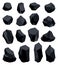 Collection of coal black mineral resources. Pieces of fossil stone. Polygonal shapes set. Black rock stones of graphite