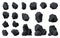 Collection of coal black mineral resources. Pieces of fossil stone. Polygonal shapes set. Black rock stones of graphite