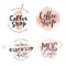 Collection of coffee shop logotypes, vector symbols with pastel color illustrations and gold foil decoration, simple