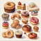 Collection of color sketched bakery and dessert items