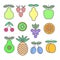 Collection of colored icons of fruits and berries. Organic food template.