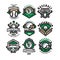 Collection of colorful baseball logos. Labels with balls, gloves, bats and protective helmets. Linear sports emblems