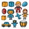 Collection colorful cartoon icons includes playful kids, robots, vehicles, sports items. Boy