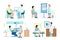 Collection of colorful flat vector illustrations of medical examination of patients in the hospital.
