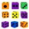 Collection of colorful foam dice isolated on the empty white background