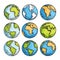 Collection colorful handdrawn globes featuring various continents. Cartoon style earth