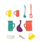 Collection of colorful kitchenware items, including cups, jugs, and utensils. Kitchen essentials and home decor vector