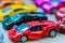 Collection of colorful little cute car. Close up cute tiny model