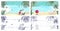 Collection of colorful and monochrome colored sketches with seaside landscapes. Tropical resort with people relaxing on