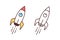 Collection of colorful and monochrome drawings of flying spaceship, spacecraft or shuttle. Spaceflight, space travel or